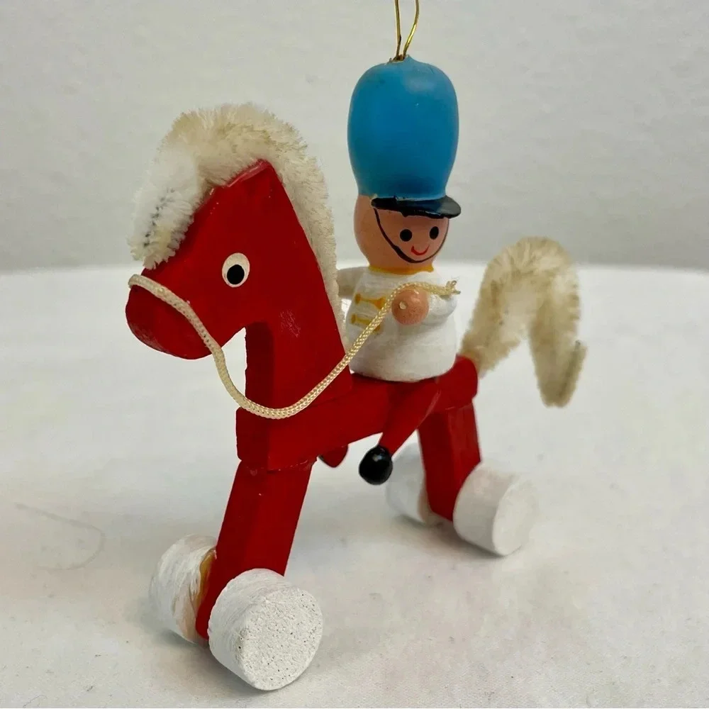 Vintage Russ Country Antique Ornaments Wooden Solider On Red Horse Style #BX2874